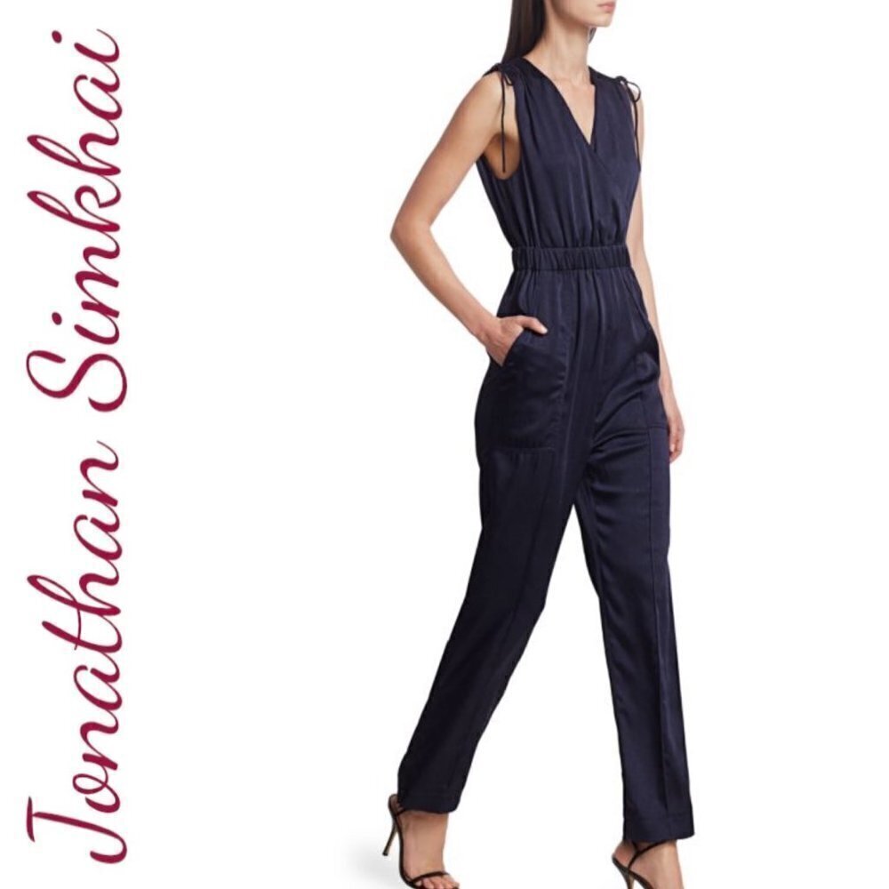NWT JONATHAN SIMKHAI V-Neck Sleeveless Silky Jumpsuit Navy Blue, Size XS